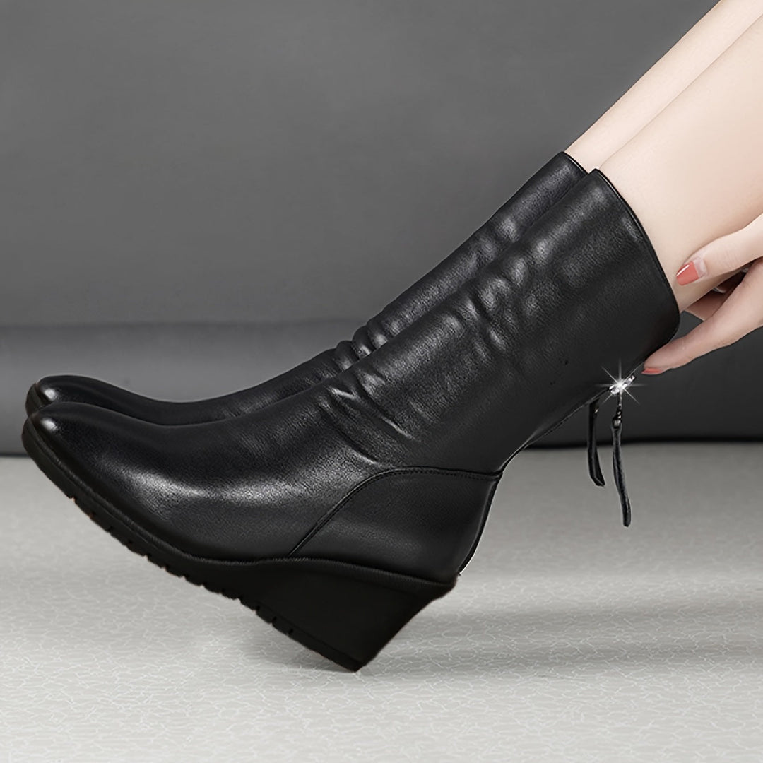 Black Sleek Wedge Mid-Calf Boots for Women