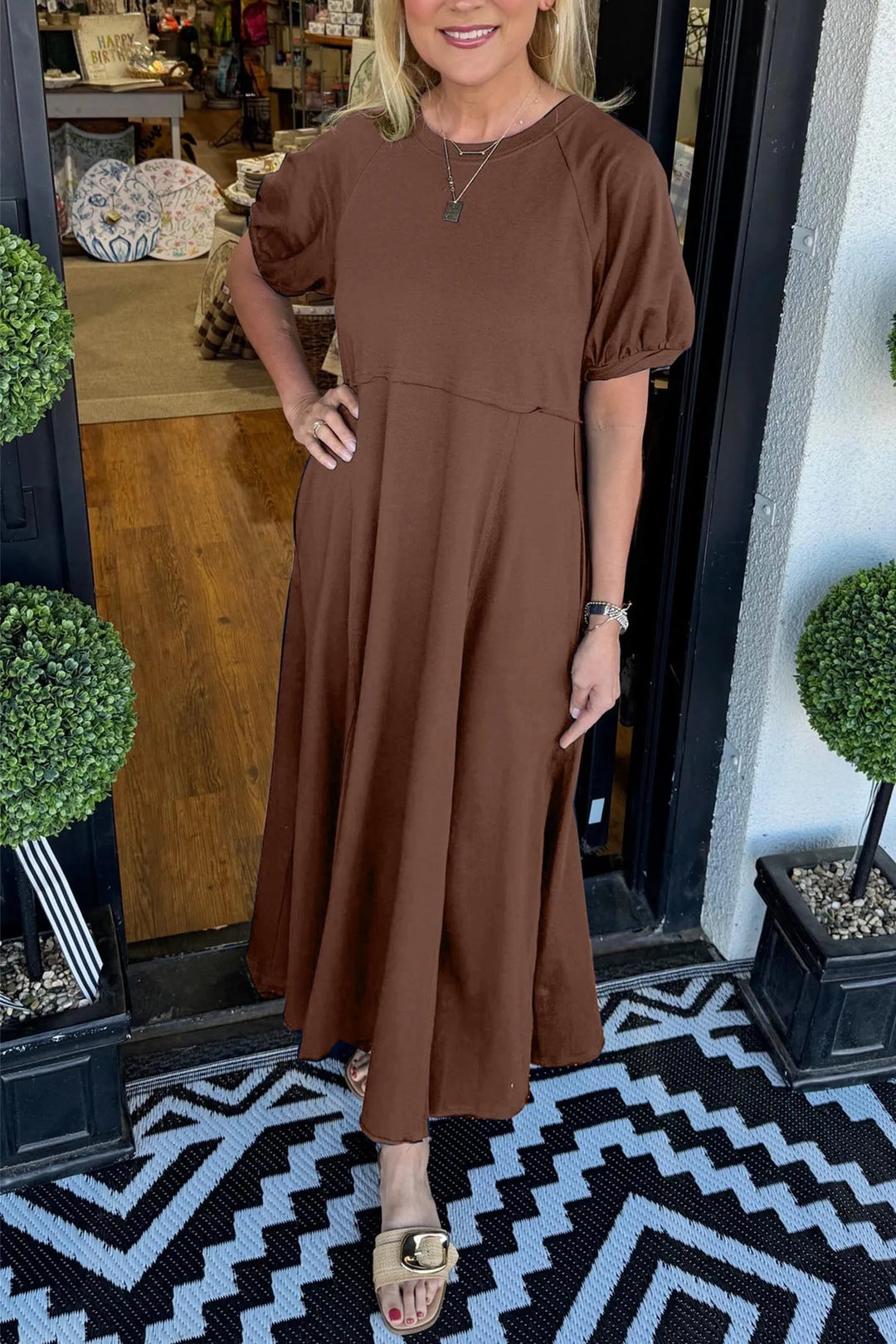 Puff Sleeve Round Neck Maxi Dress for Women, Plus Size