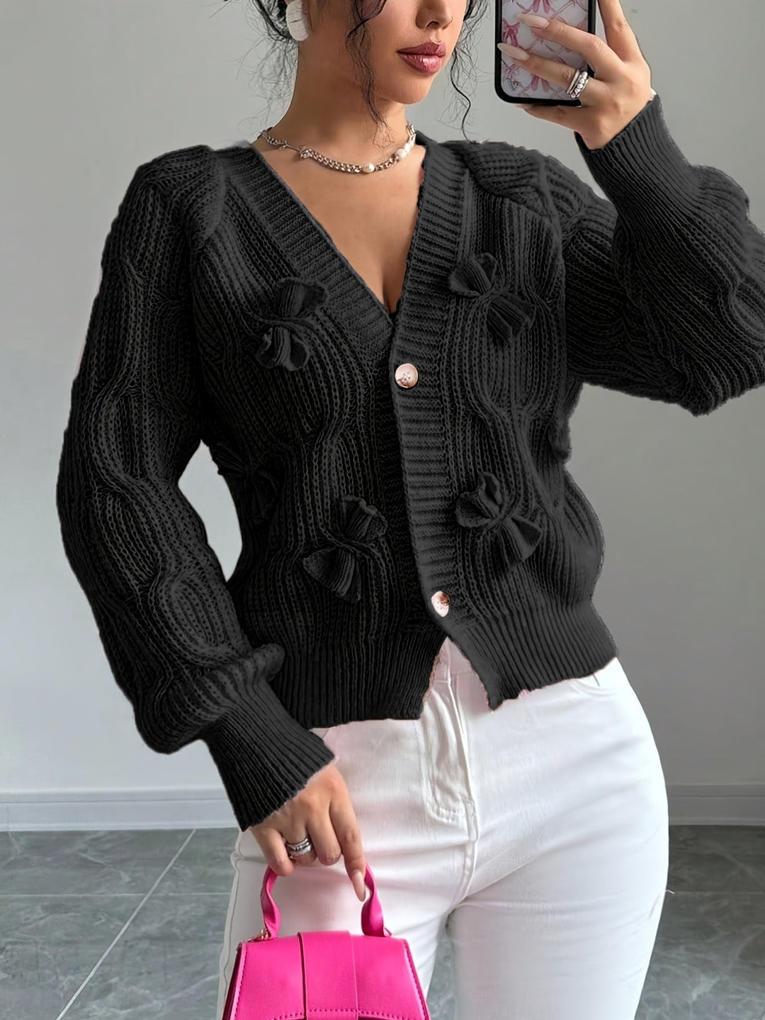 Bow-Detail Long Sleeve Cardigan, Women's Soft Fit