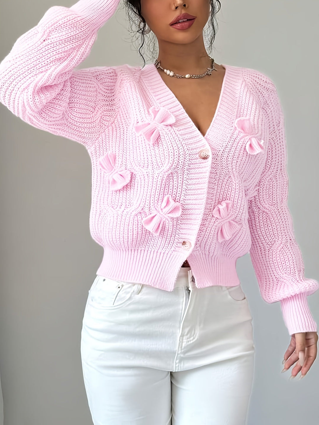 Bow-Detail Long Sleeve Cardigan, Women's Soft Fit