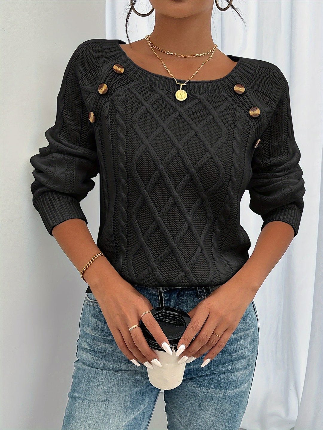 Ladies Textured Button Sweater
