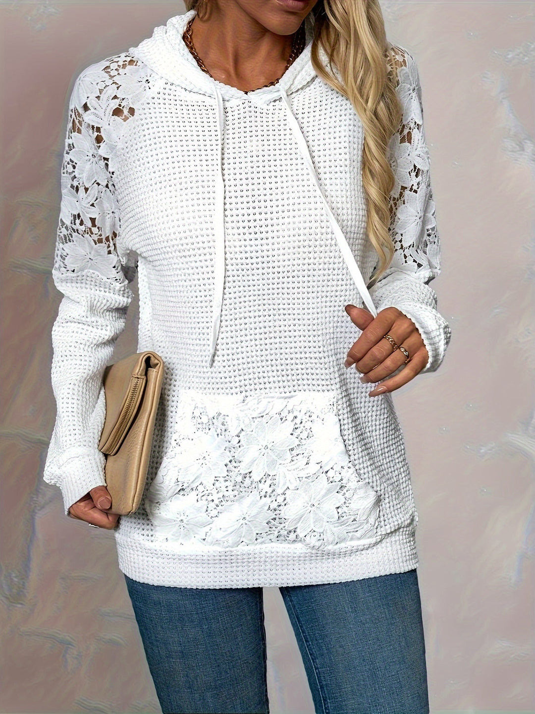 White Floral-Trimmed Hooded Top for Women