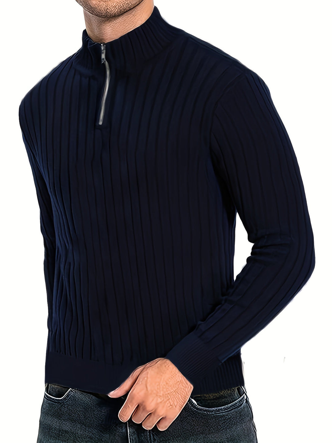 Navy Blue Ribbed Quarter-Zip Sweater for Men