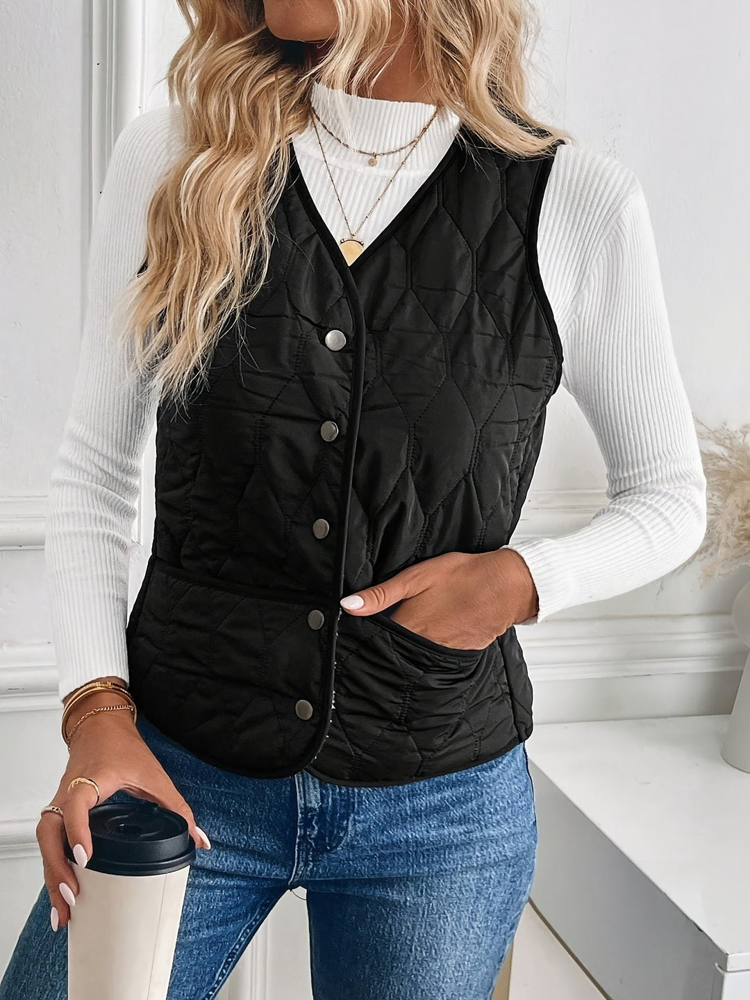 Black Reversible Quilted Vest for Women