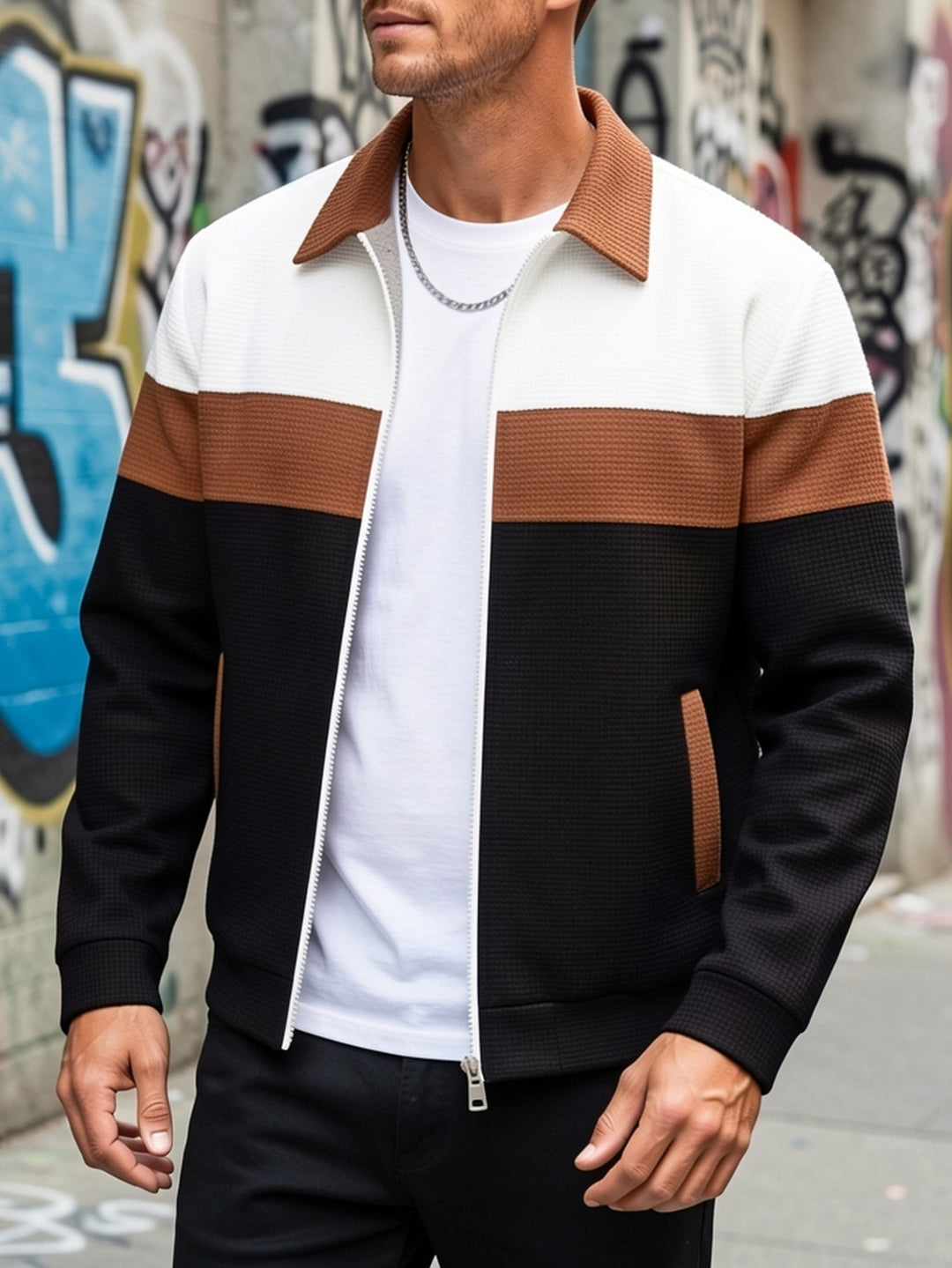 Rust Color-Block Zip-Up Jacket for Men