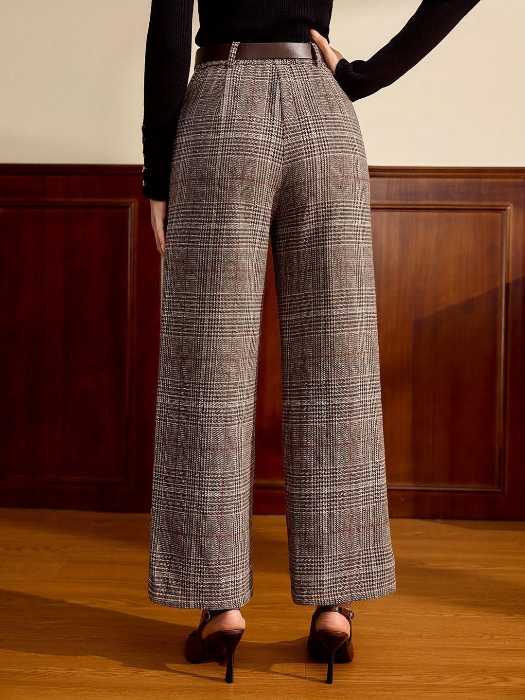 Coffee Brown Tailored Checked Trousers for Women