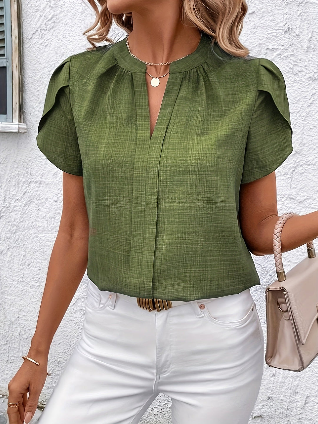 Petal Sleeve Notched Blouse for Women
