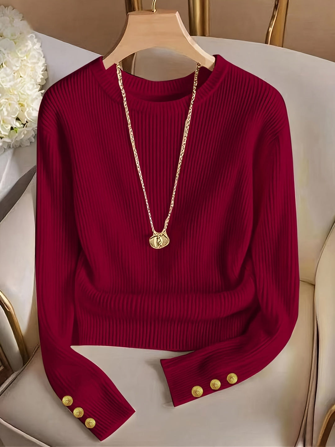 Ribbed Button-Cuff Sweater for Women