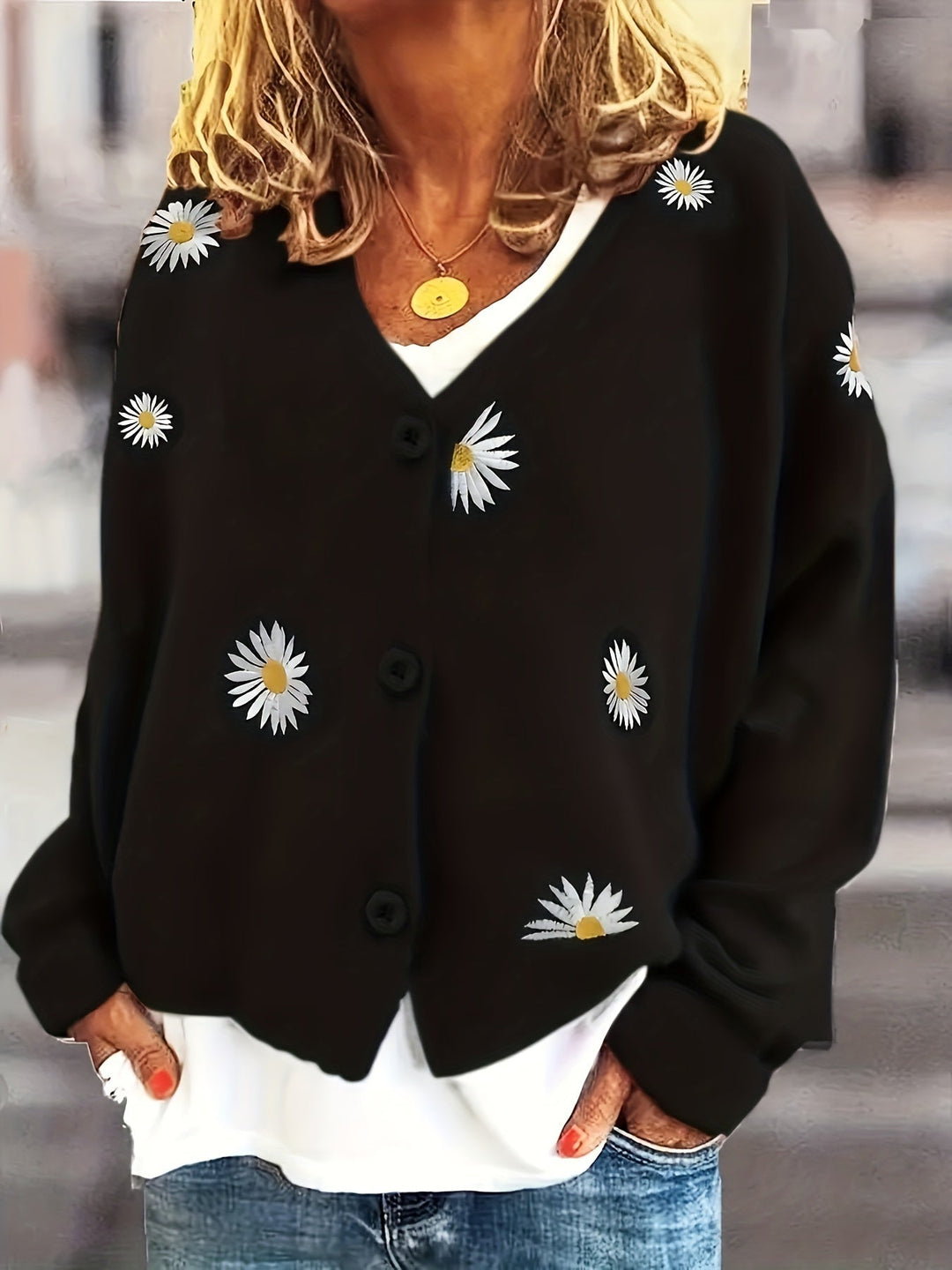 Floral Embroidered Button-Front Cardigan for Women