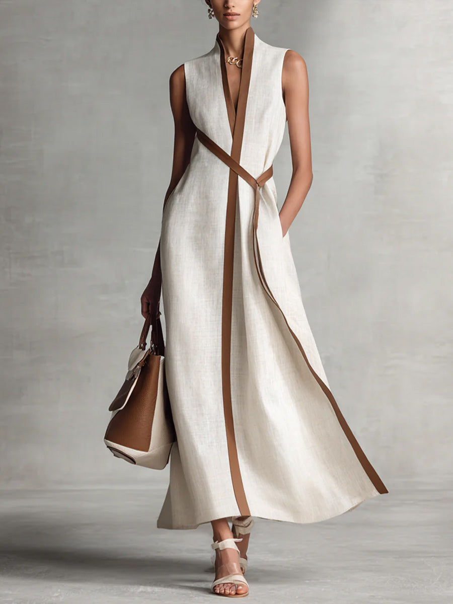 Contrast-Trim Sleeveless Midi Dress for Women