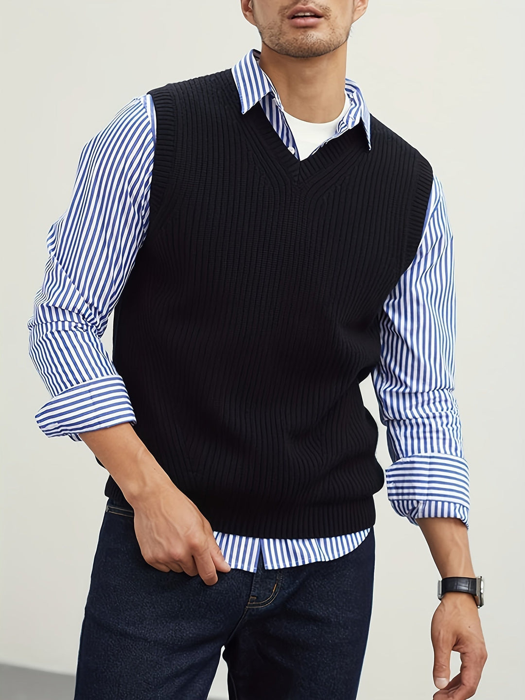 Black Classic V-Neck Sweater Vest for Men