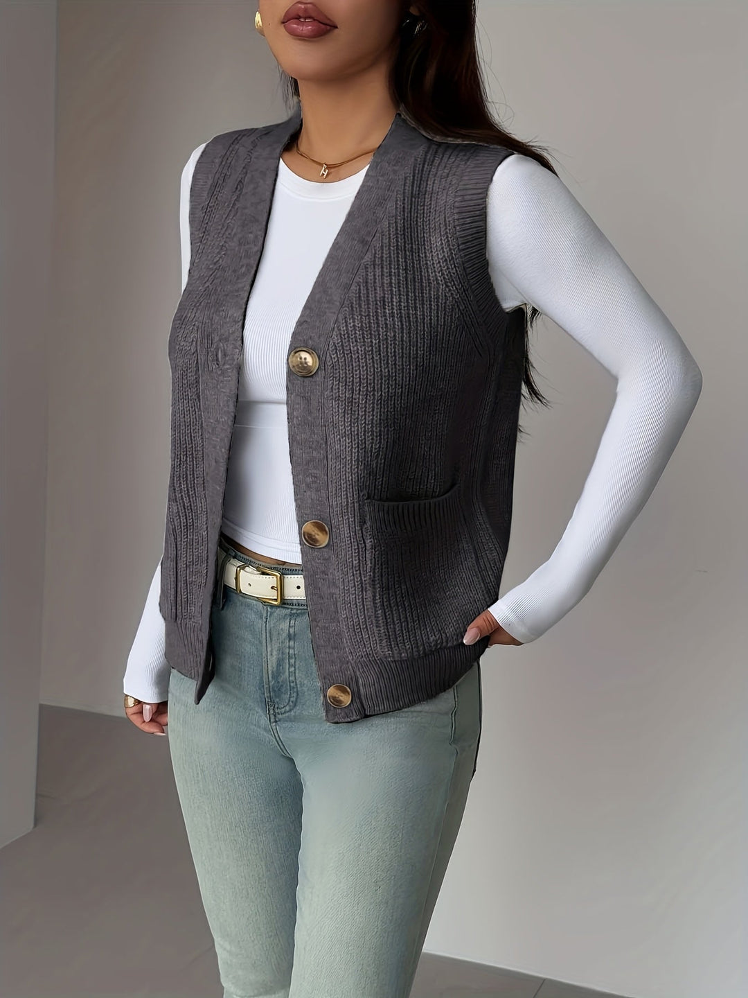 Buttoned V-Neck Knit Vest for Women