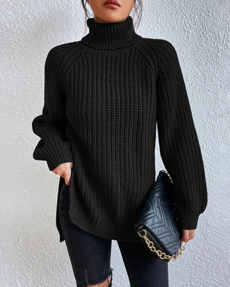 Women's Side-Slit Turtleneck Sweater – Black