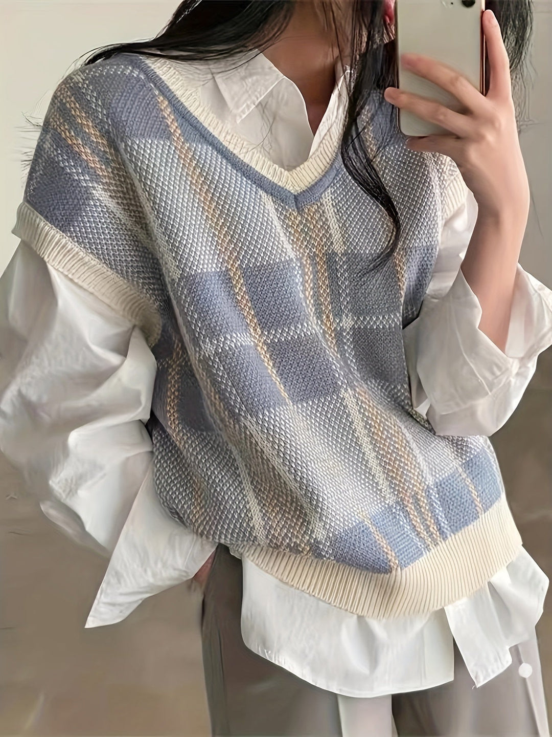 Plaid V-Neck Sweater Vest, Women's Vintage Fit
