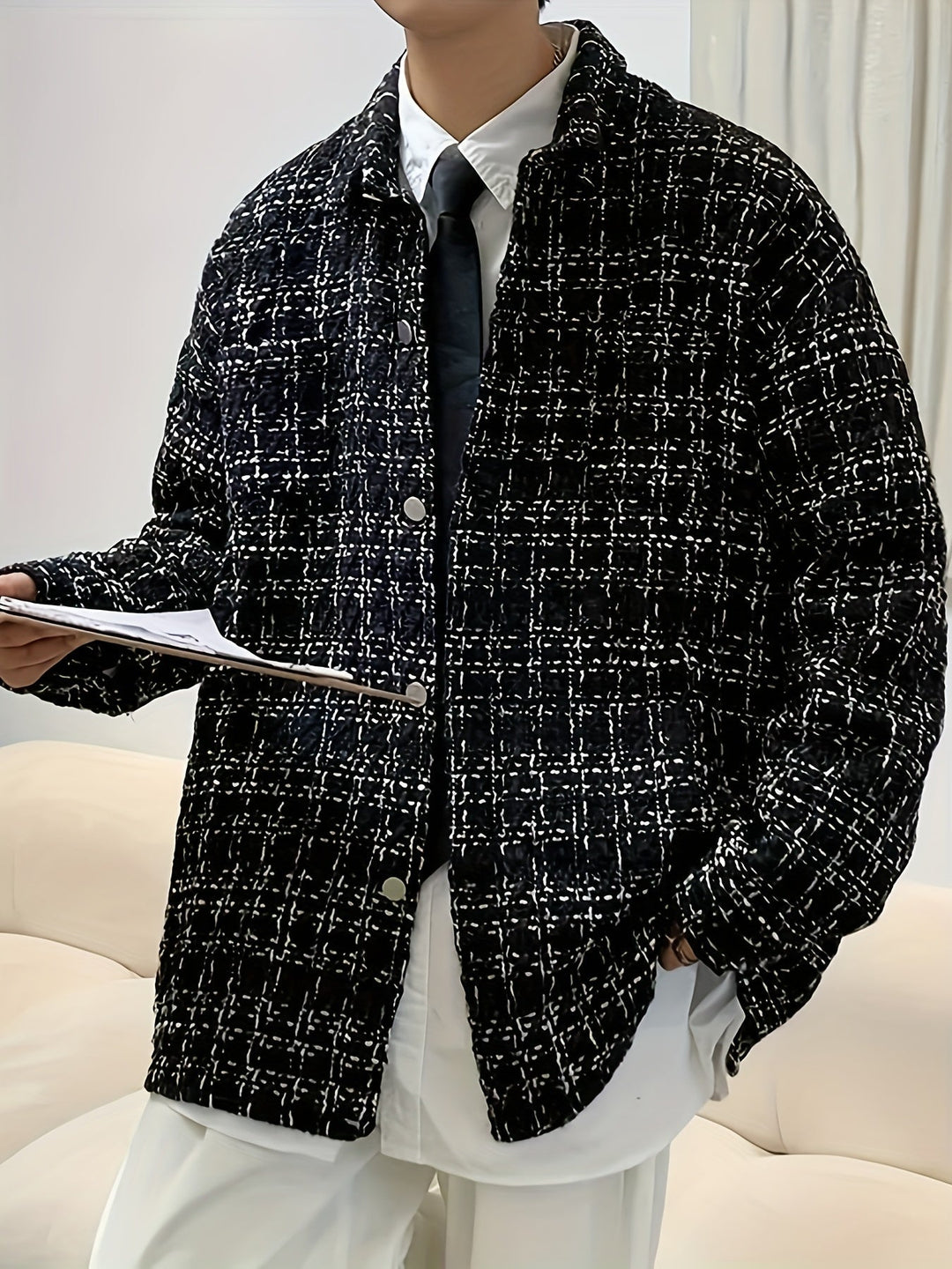Textured Plaid Shirt Jacket for Men