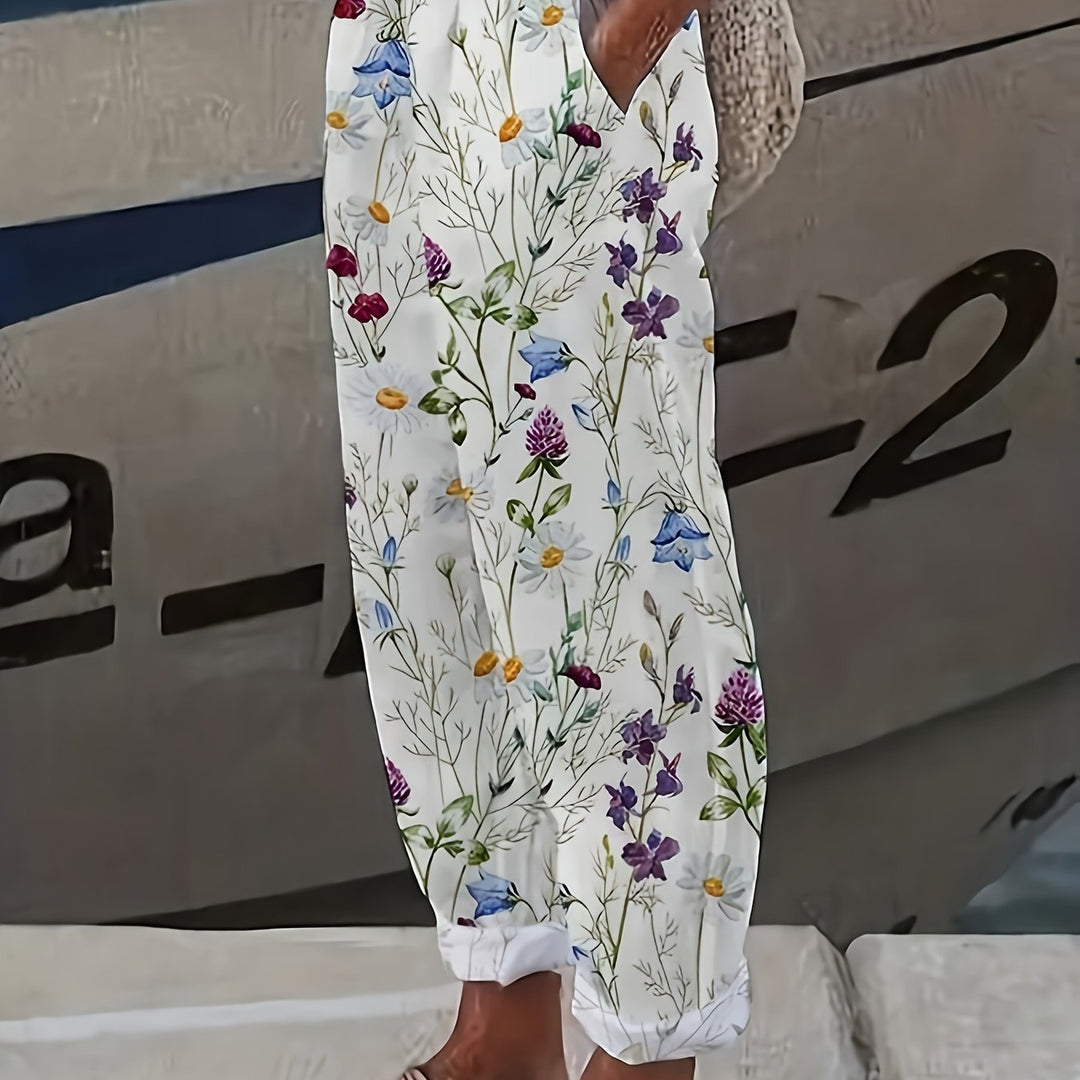 White Wildflower Print Tapered Pants for Women