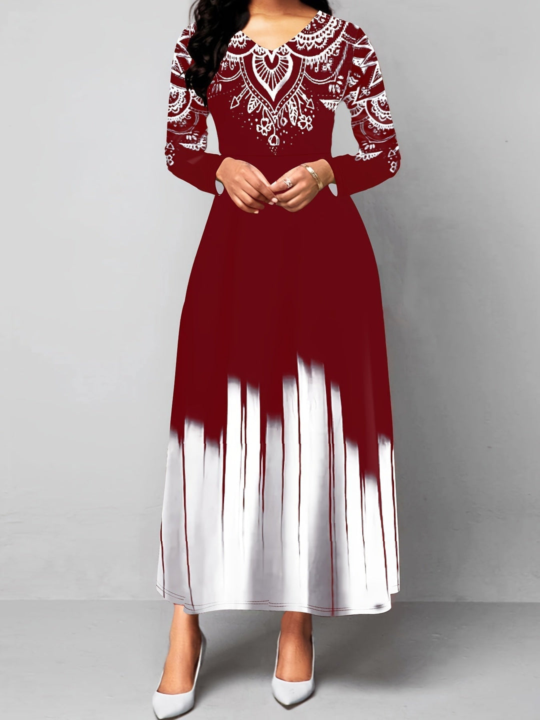 Ornate Print Flared Maxi Dress for Women