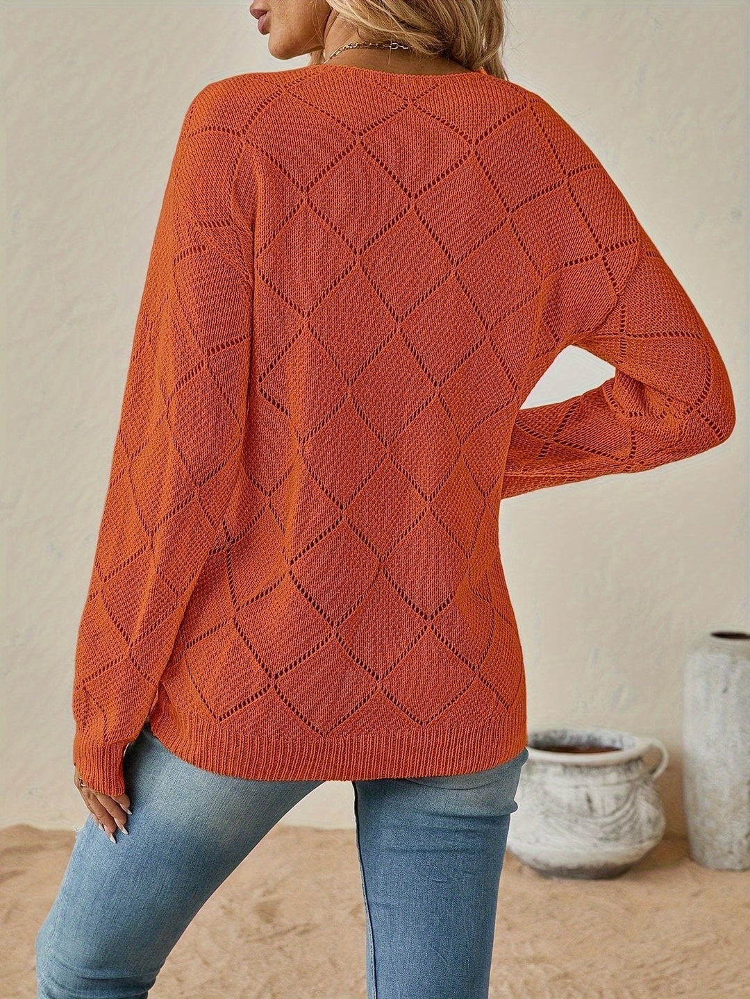 Openwork V-Neck Sweater for Women