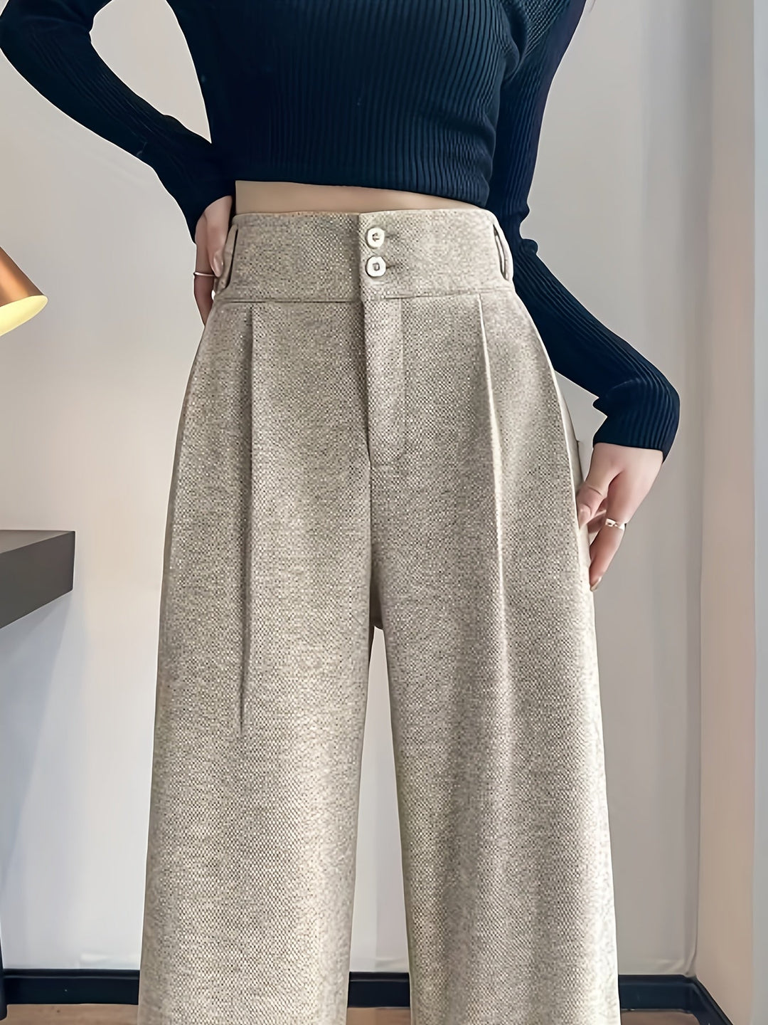 Khaki High-Waisted Wide-Leg Trousers for Women