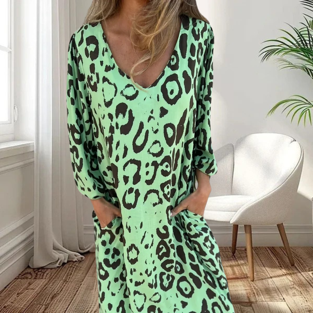 Stylish Long V-Neck Leopard Dress for Women, Plus Size