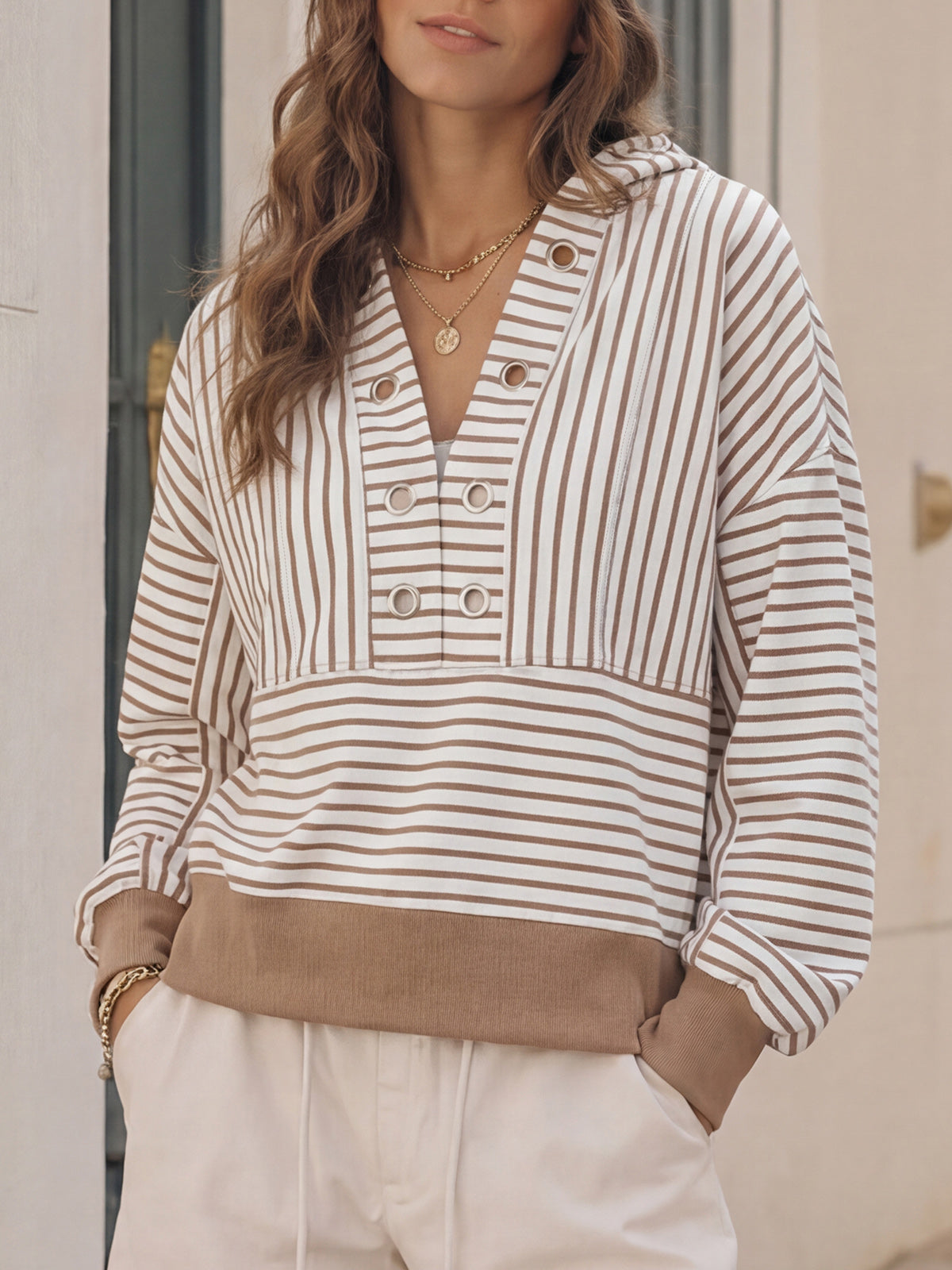 Women's Cropped V-Neck Striped Hoodie – Light Brown