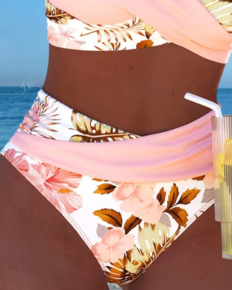 Floral Contrast Cut-Out Bikini for Women, Plus Size