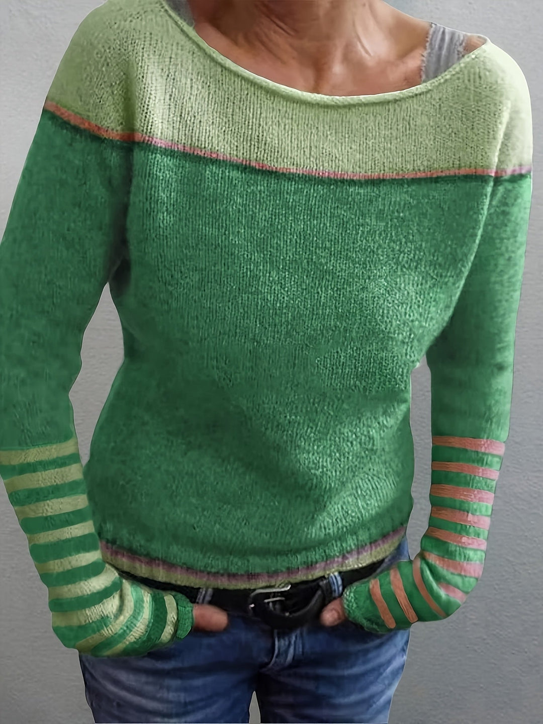 Color-Block Boat Neck Sweater for Women