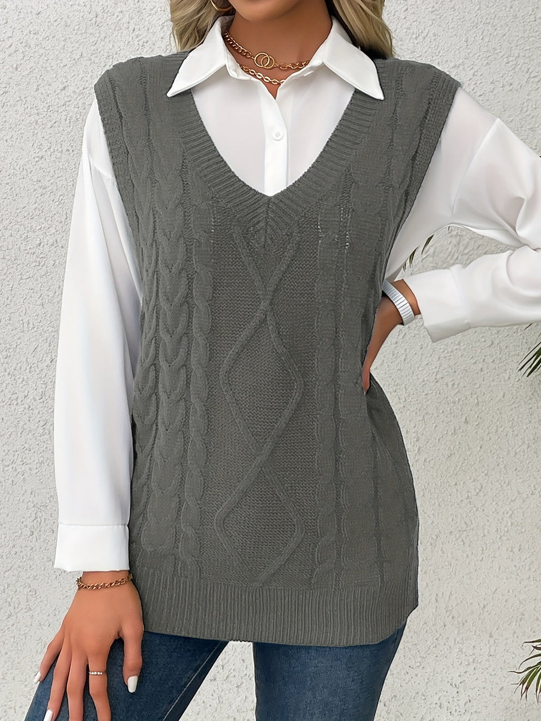 Ladies Cozy Cable-Knit V-Neck Sweater Vest