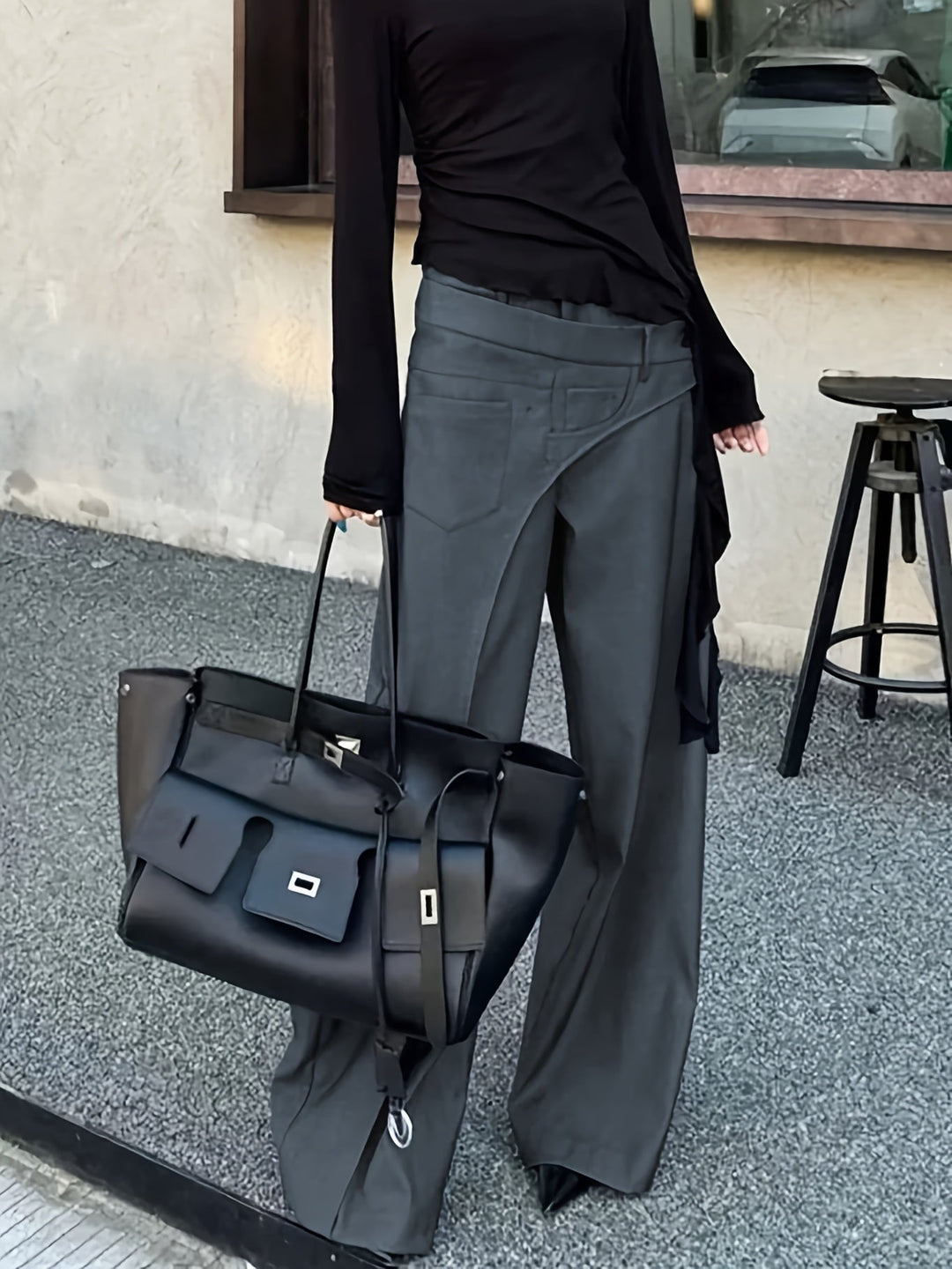 Dark Gray Wide-Leg High-Waist Pants for Women