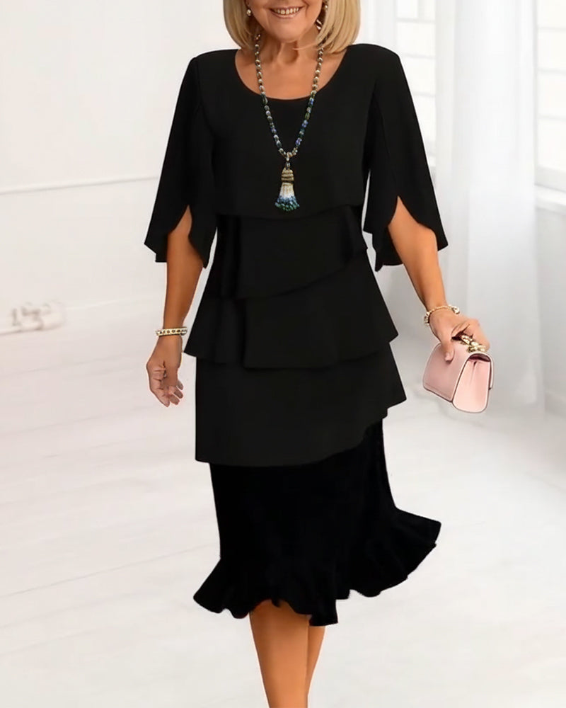 Elegant Mid Sleeve Ruffle Dress for Women, Plus Size