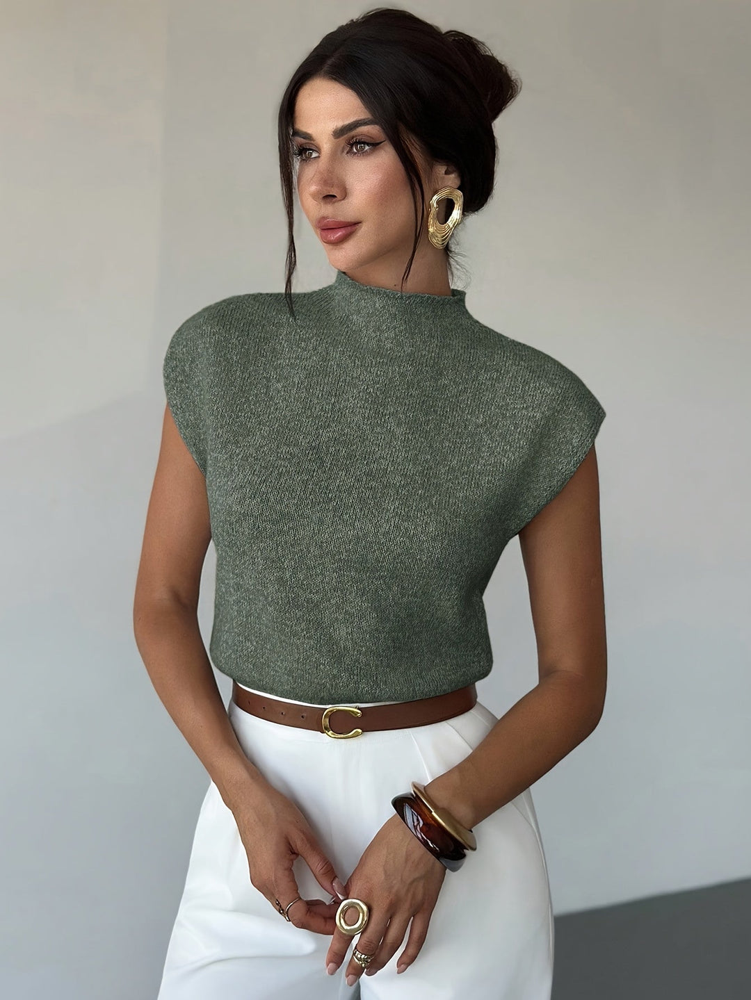 Olive Green Mock Neck Sleeveless Sweater Vest for Women