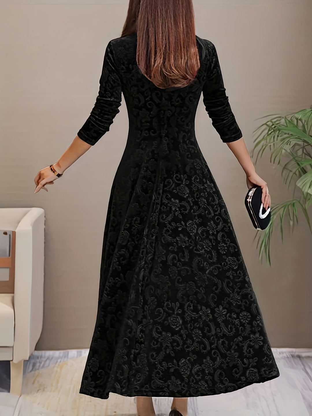 Long-Sleeve Midi Dress for Women, Elegant Style