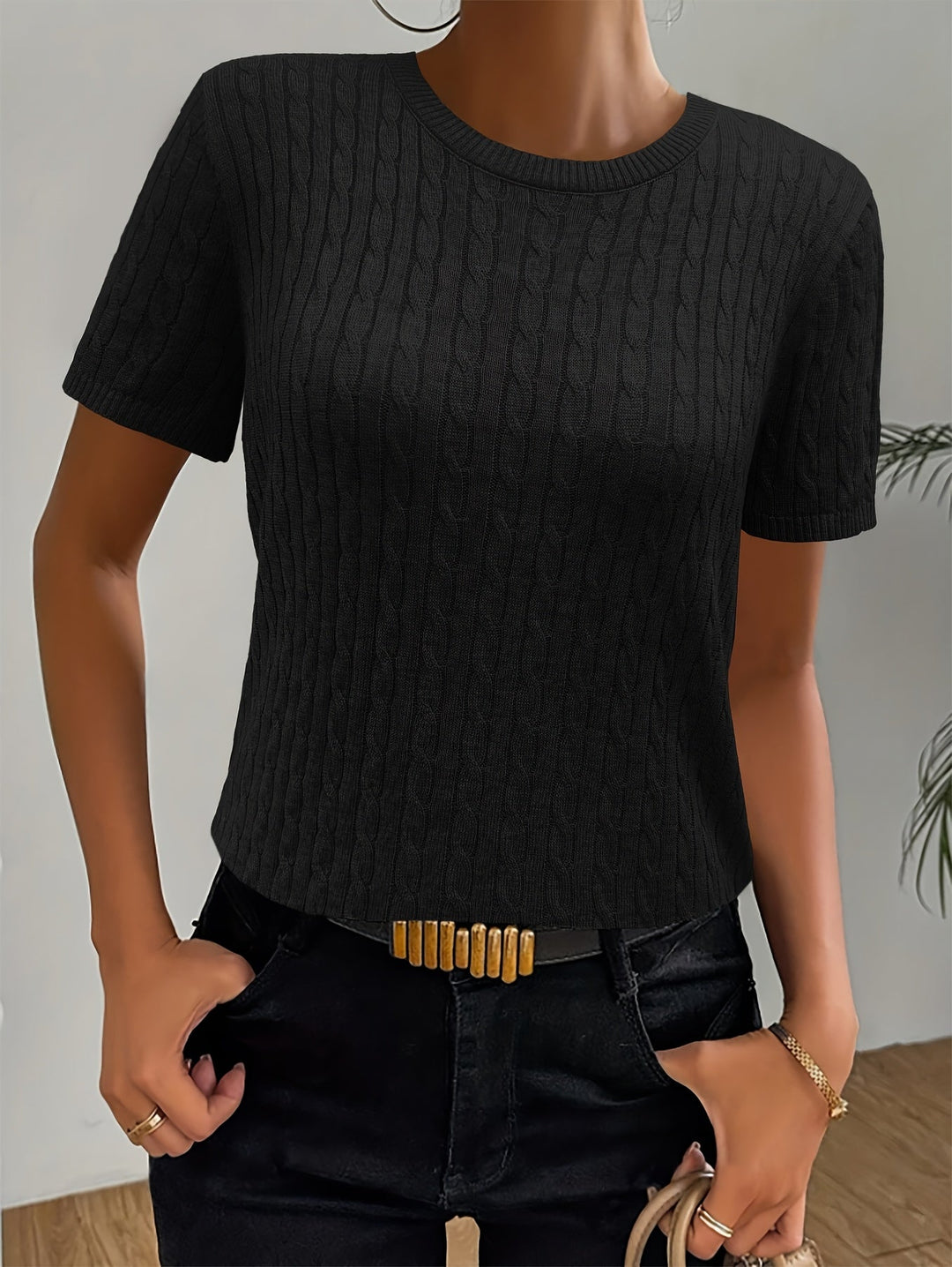 Round Neck Short Sleeve Top for Women, Textured Style