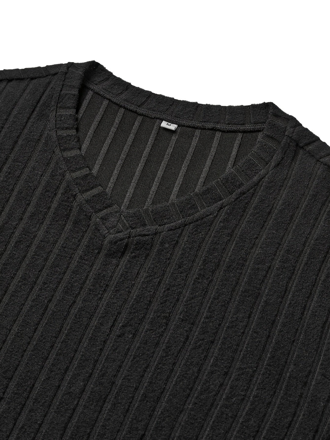 Black Ribbed V-Neck Long Sleeve Top for Men