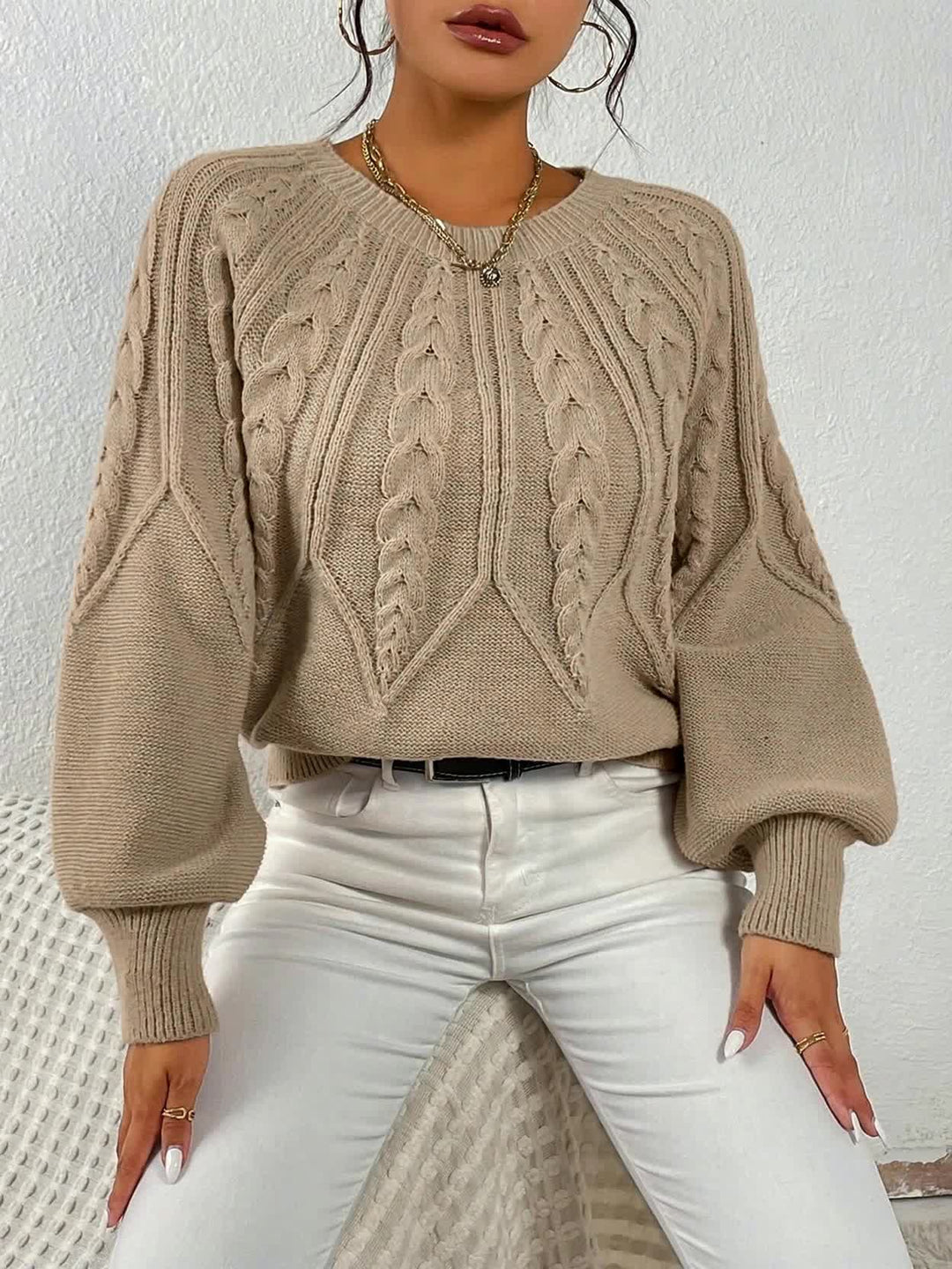 Cable-Knit Lantern Sleeve Sweater for Women