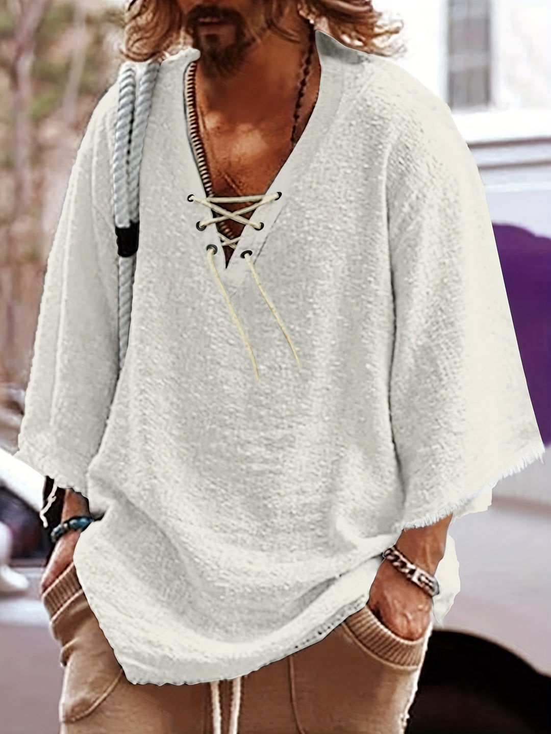 Lace-Up V-Neck Shirt for Men, Relaxed Style