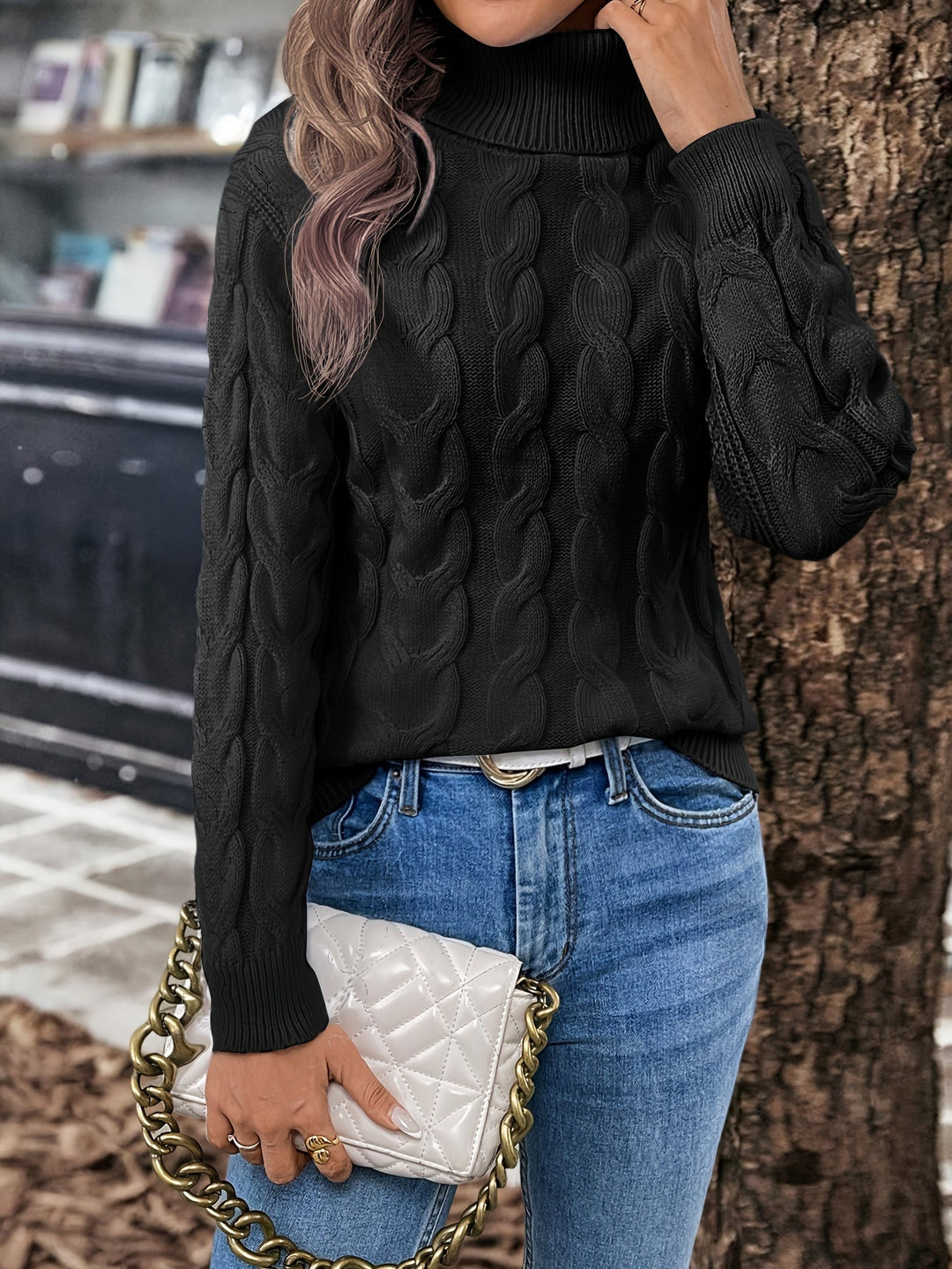 Cable-Knit Turtleneck Sweater for Women, Cozy Style
