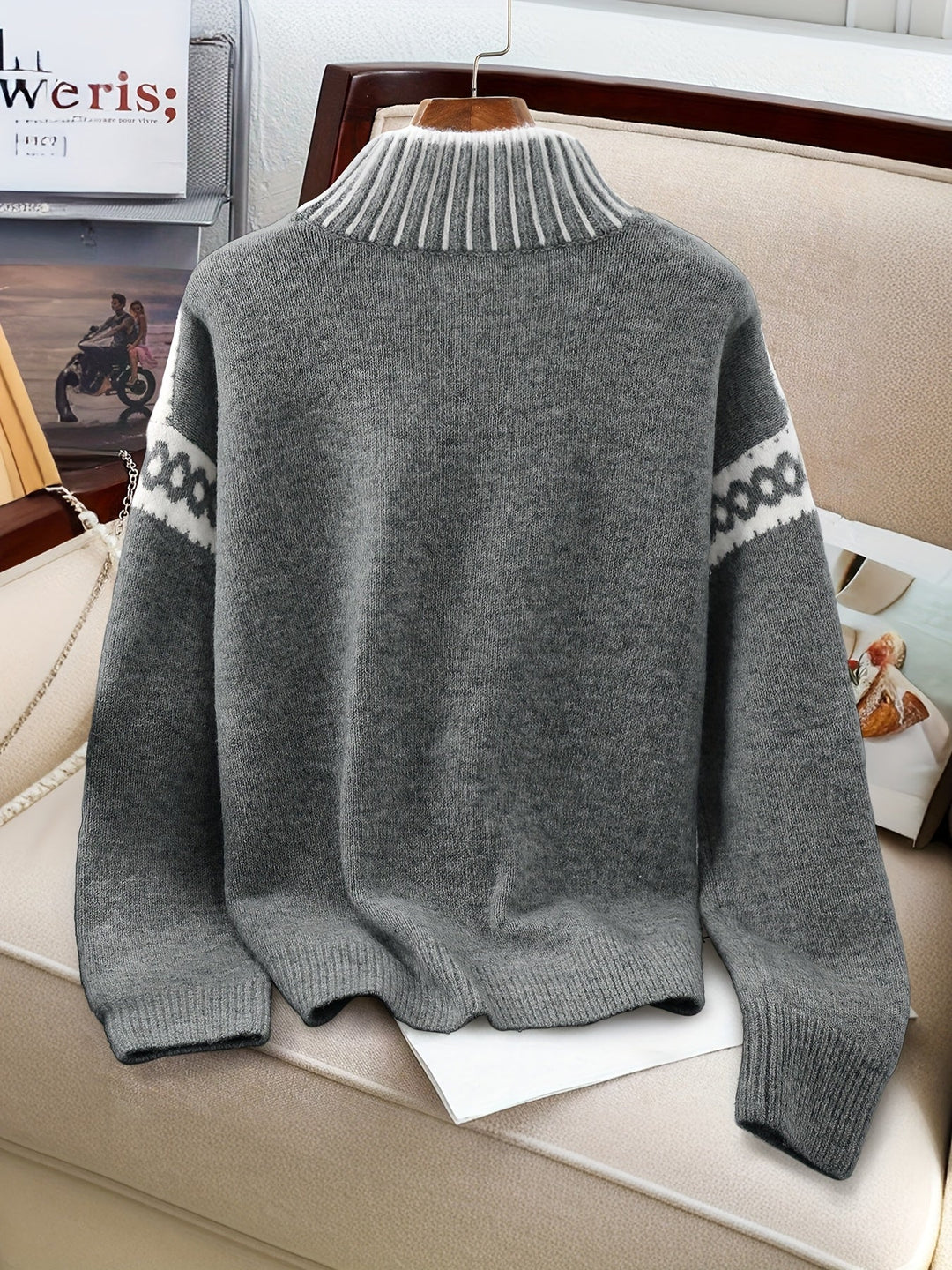 Contrast-Trim Mock-Neck Sweater for Women