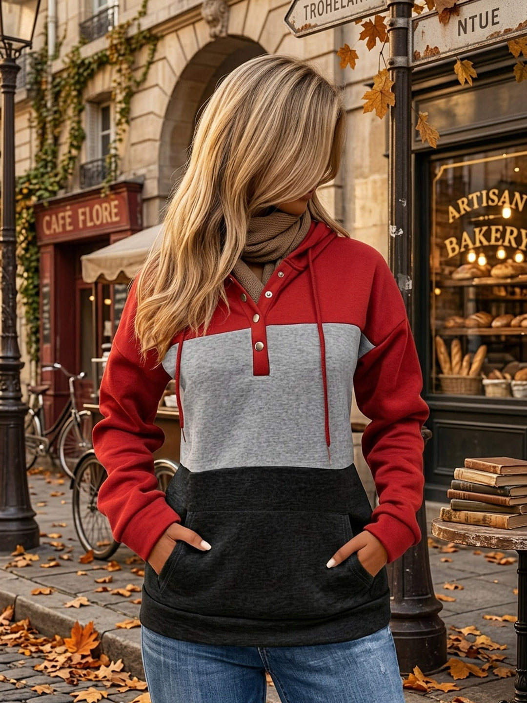 Color Block Button-Neck Hoodie for Women