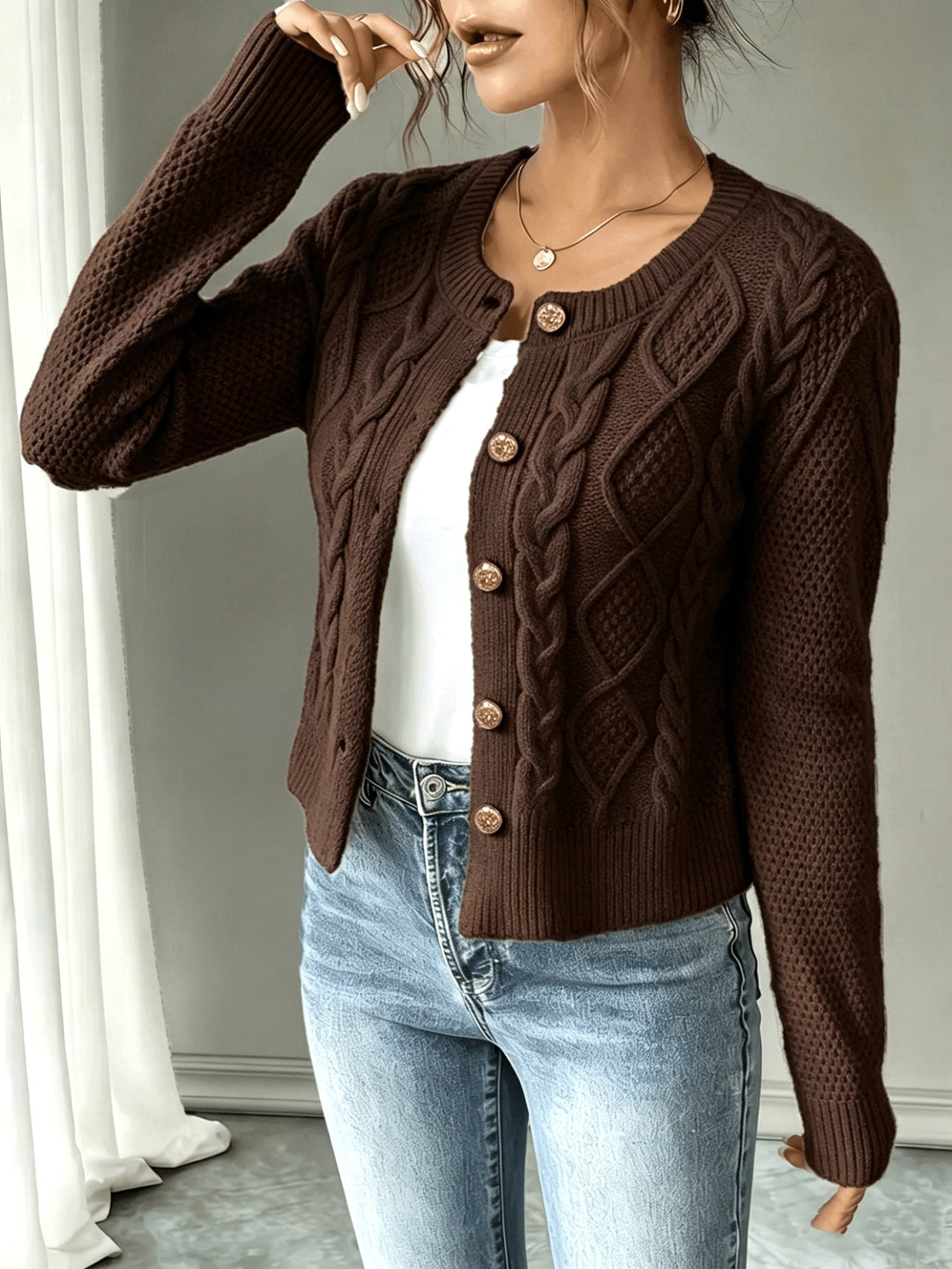 Cable-Knit Button-Front Cardigan for Women