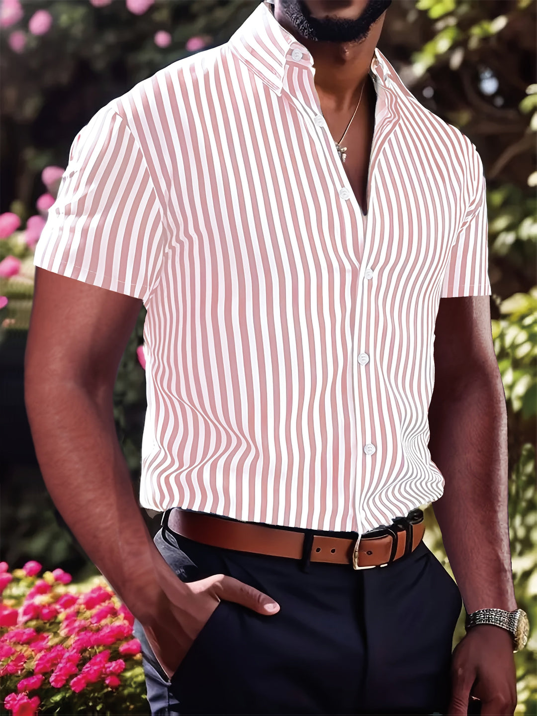 Striped Short Sleeve Shirt for Men, Refined Style