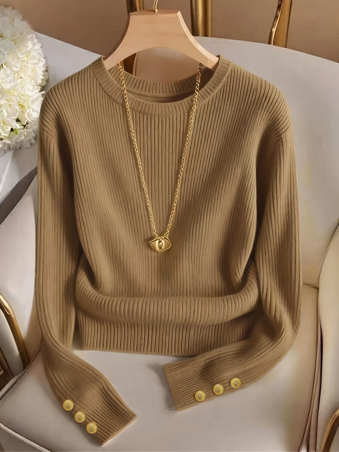 Ribbed Button-Cuff Sweater for Women
