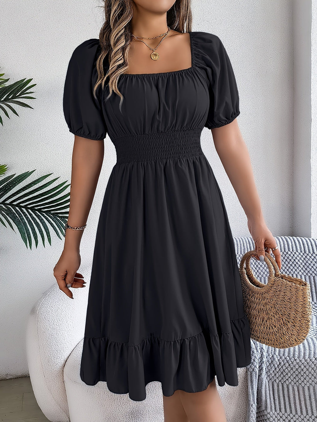 Square Neck Ruffled A-Line Dress for Women