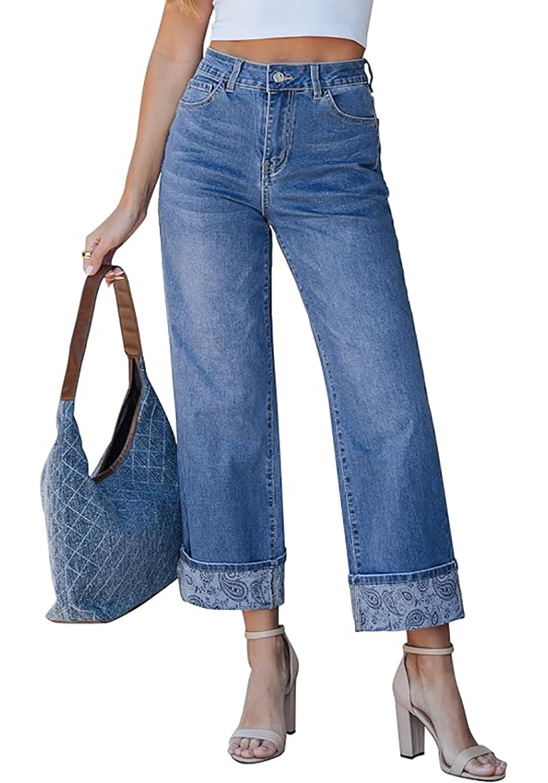Women's Denim Cropped Wide-Leg Relaxed-Fit Jeans – Paisley Turquoise Blue