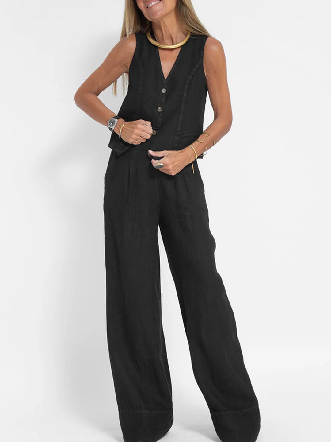 Sleeveless V-Neck Vest & Wide-Leg Pants Set for Women