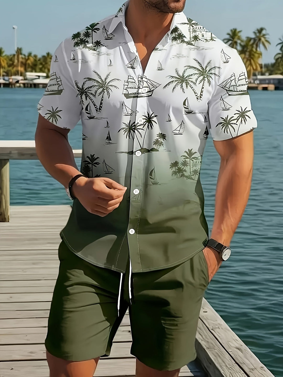 Coastal Print Shirt and Shorts Set for Men
