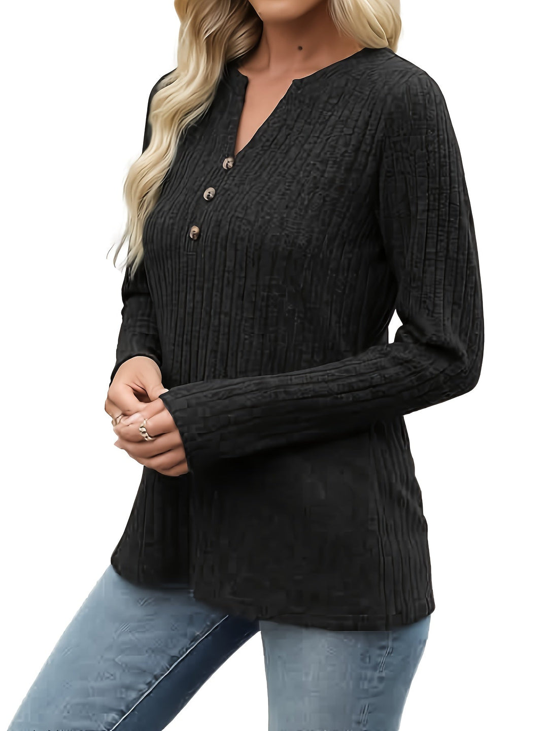 Ribbed Button-Neck Top for Women