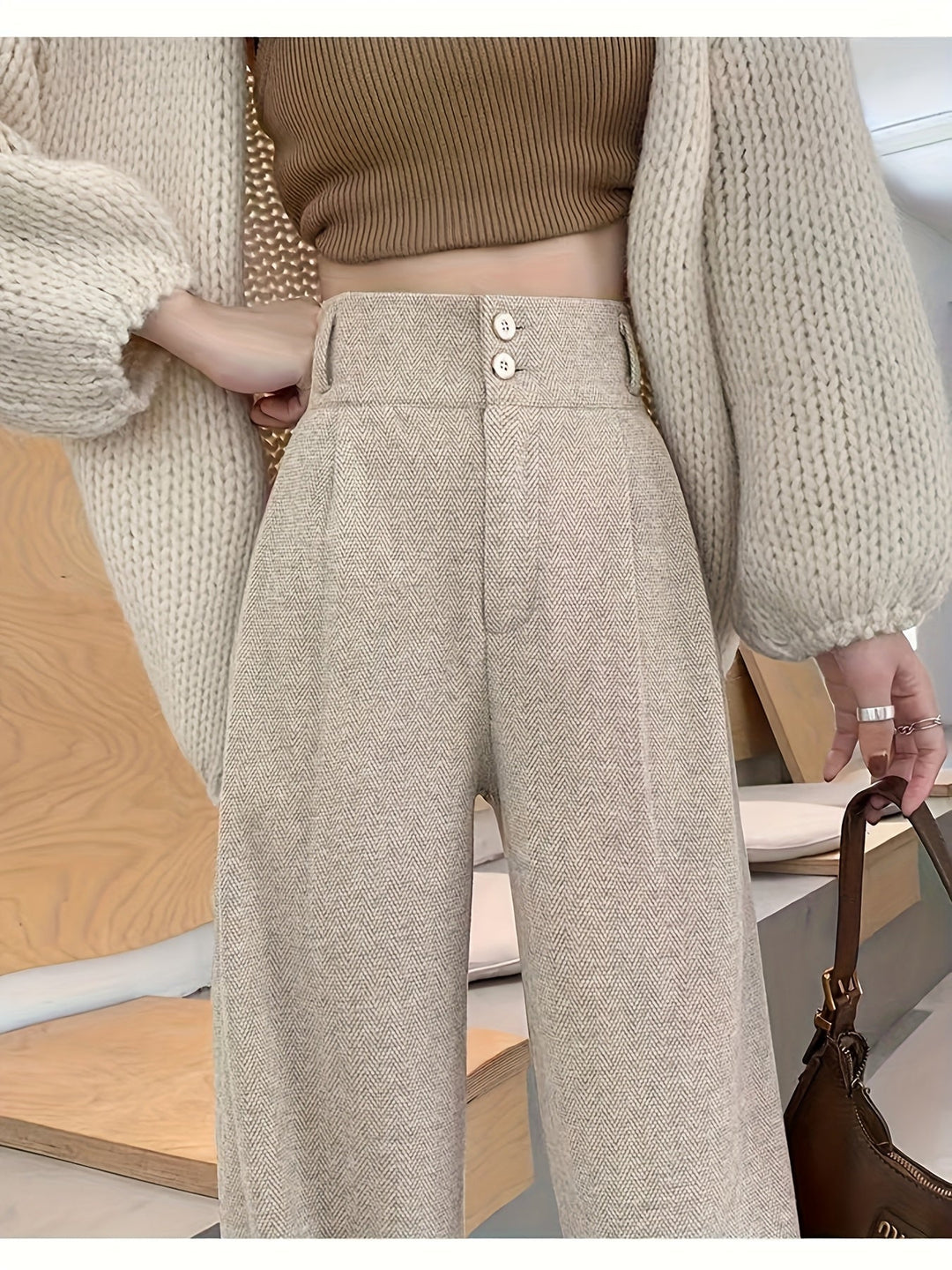 Khaki High-Waisted Wide-Leg Trousers for Women
