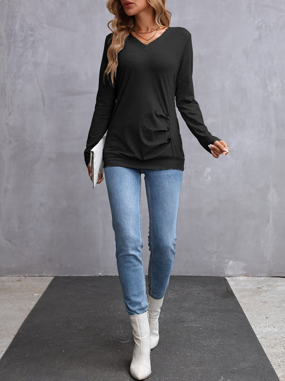 Side-Button V-Neck Long Sleeve Top for Women