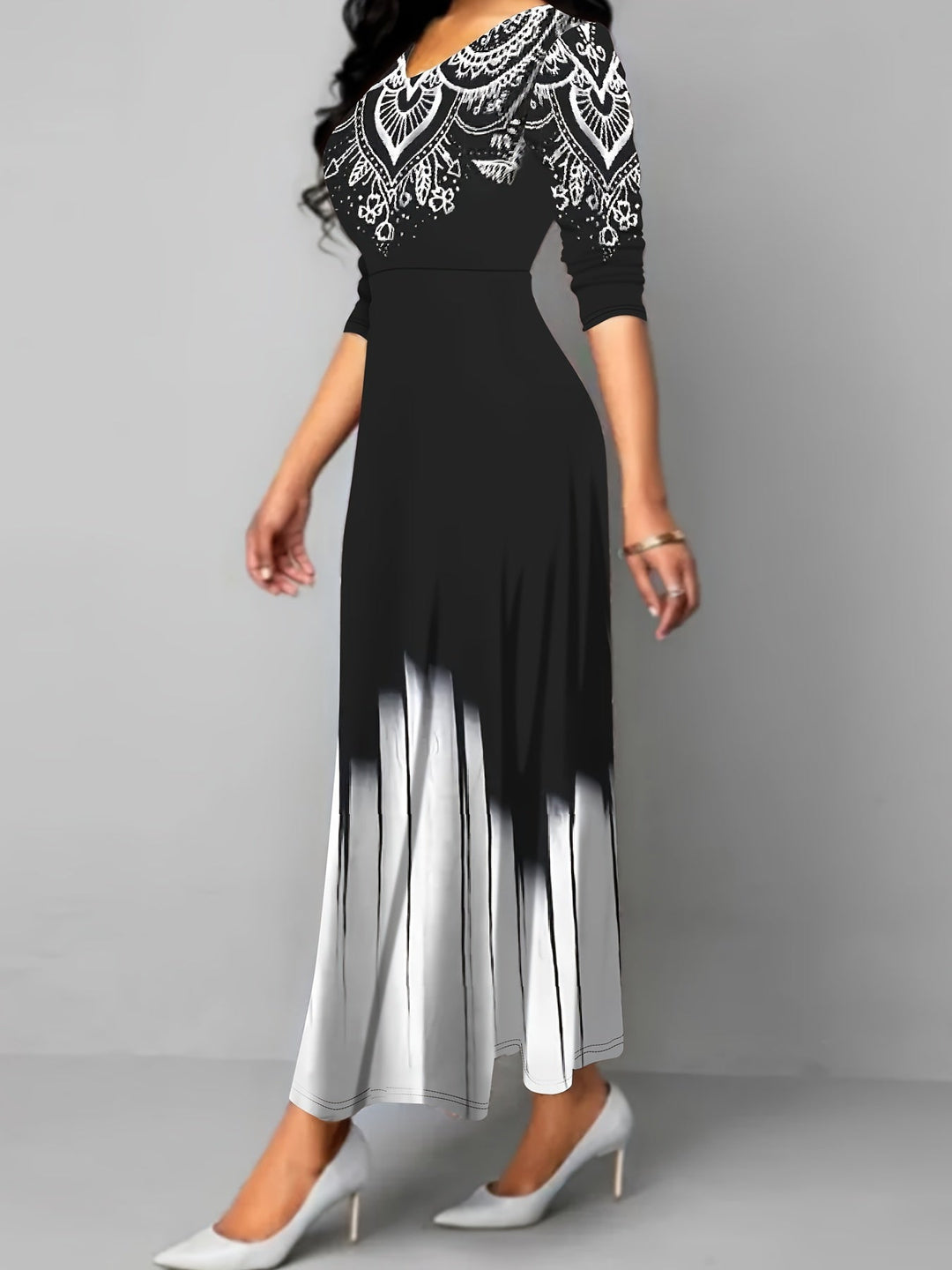 Ornate Print Flared Maxi Dress for Women